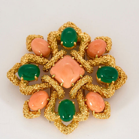 VAN CLEEF AND ARPELS - Delphes - Yellow gold, coral and chrysoprase pendant brooch