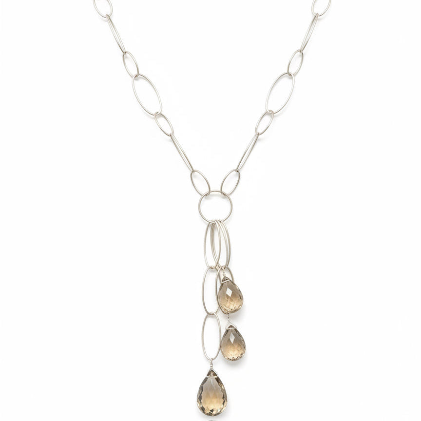 Collier sautoir Or Blanc et quartz fumé