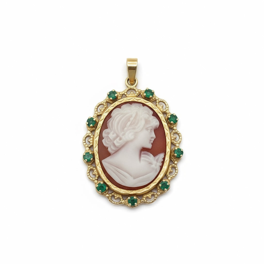 Médaille Pendentif Camée - Or Jaune et Émeraudes