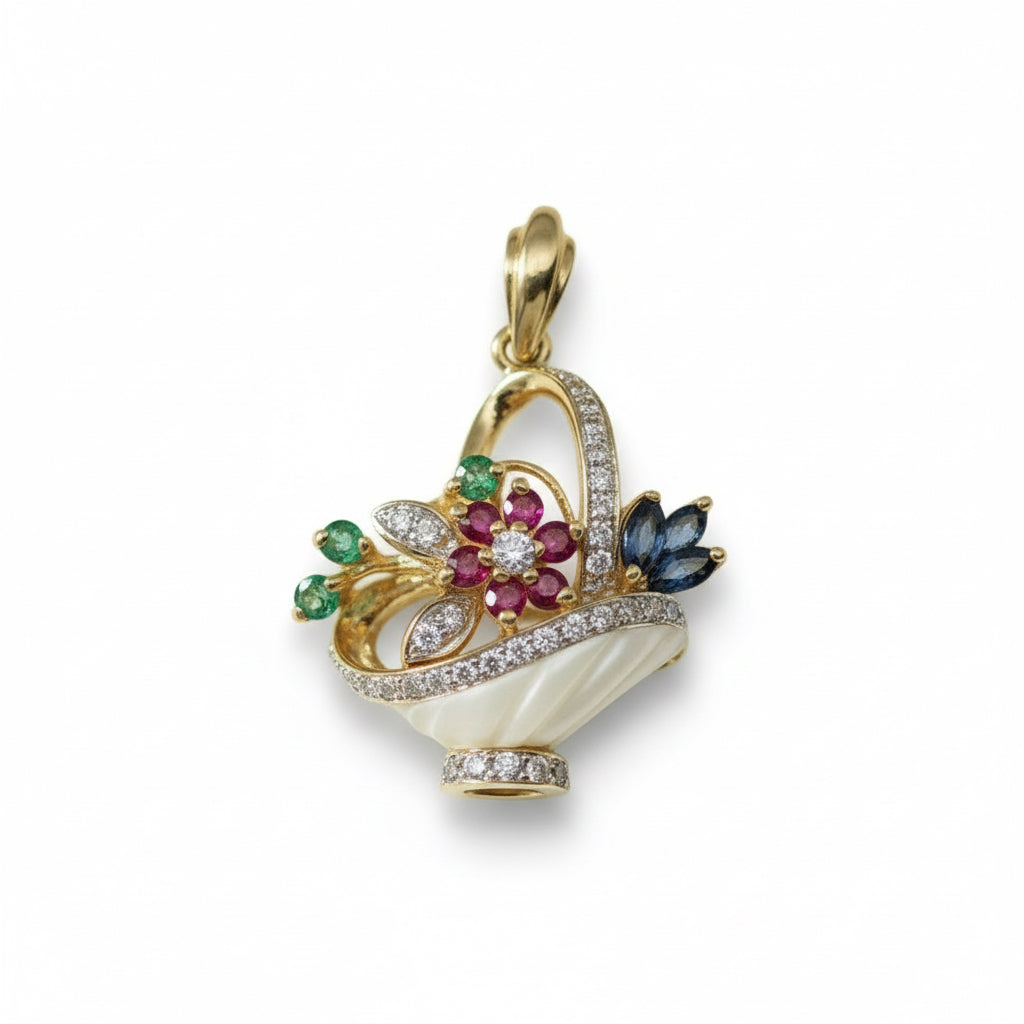 Pendentif Vintage Panier Or jaune - Rubis - Émeraudes - Saphirs et Diamants