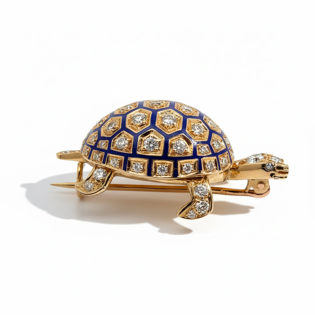 Broche Tortue en Or, Émaillée et Sertie de Diamants