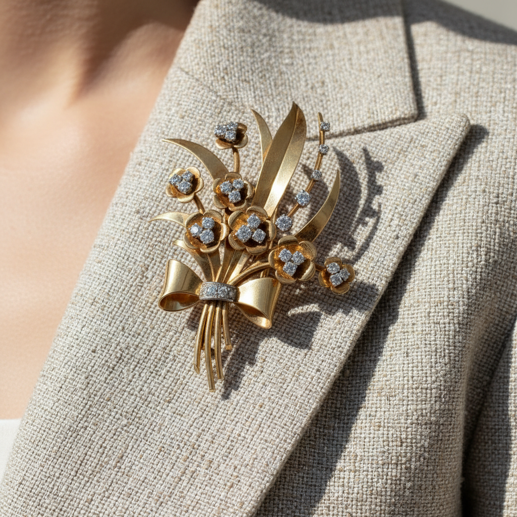 Broche Fleur - Or Jaune et Diamants - Epoque 1940