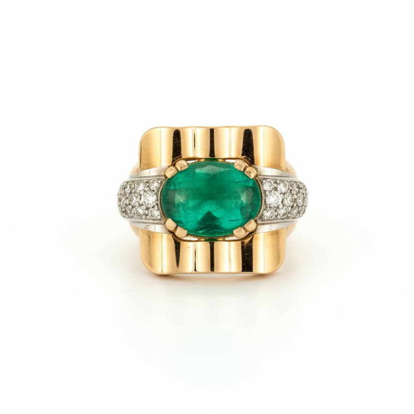 MELLERIO - Bague Tank Or jaune - Emeraude et Diamants