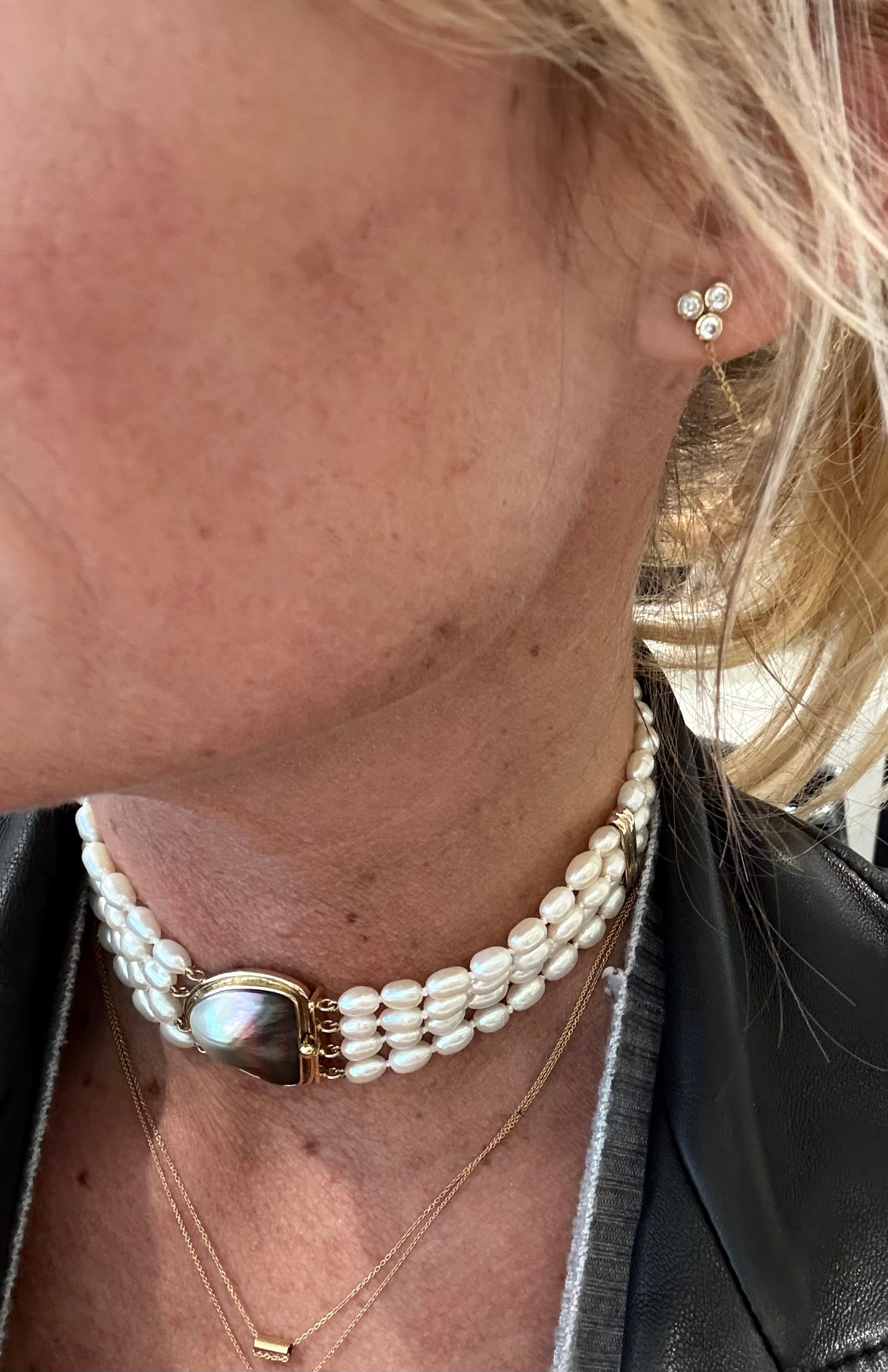 Vintage - Collier Ras de cou or Jaune et Perles de culture Baroque
