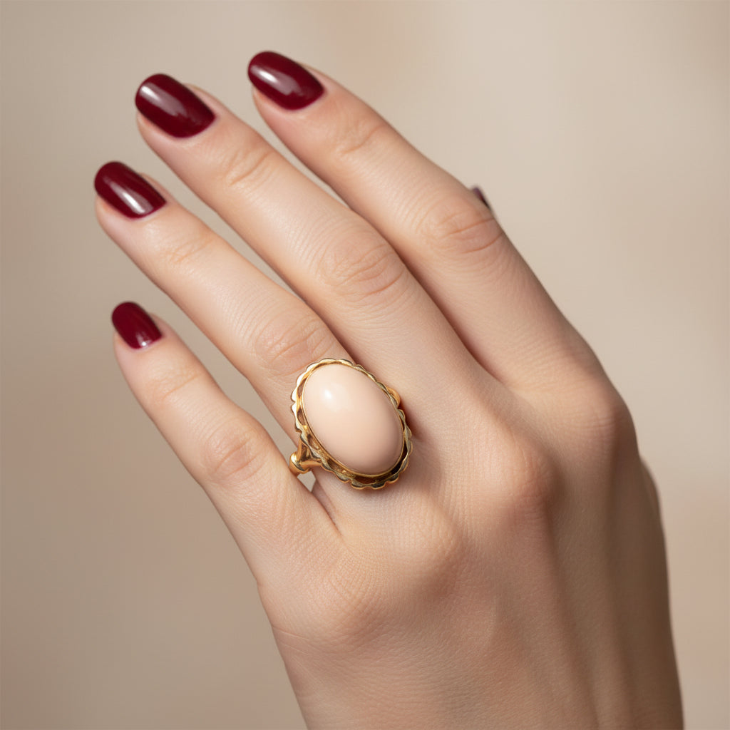 Yellow Gold Ring - Coral Cabochon