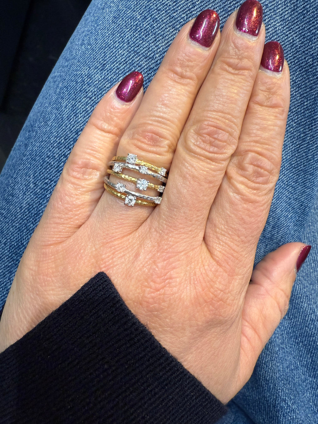 Bague 5 rangs or blanc et jaune - Diamants