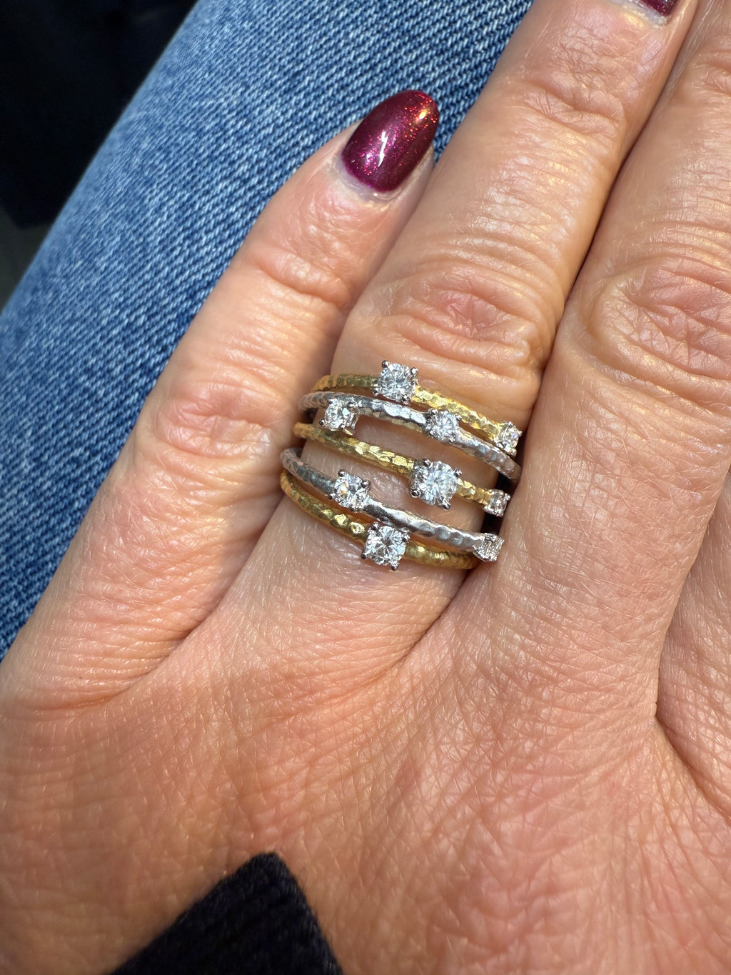 Bague 5 rangs or blanc et jaune - Diamants