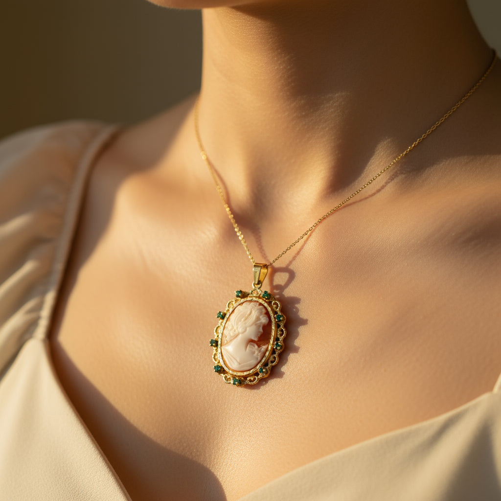 Médaille Pendentif Camée - Or Jaune et Émeraudes