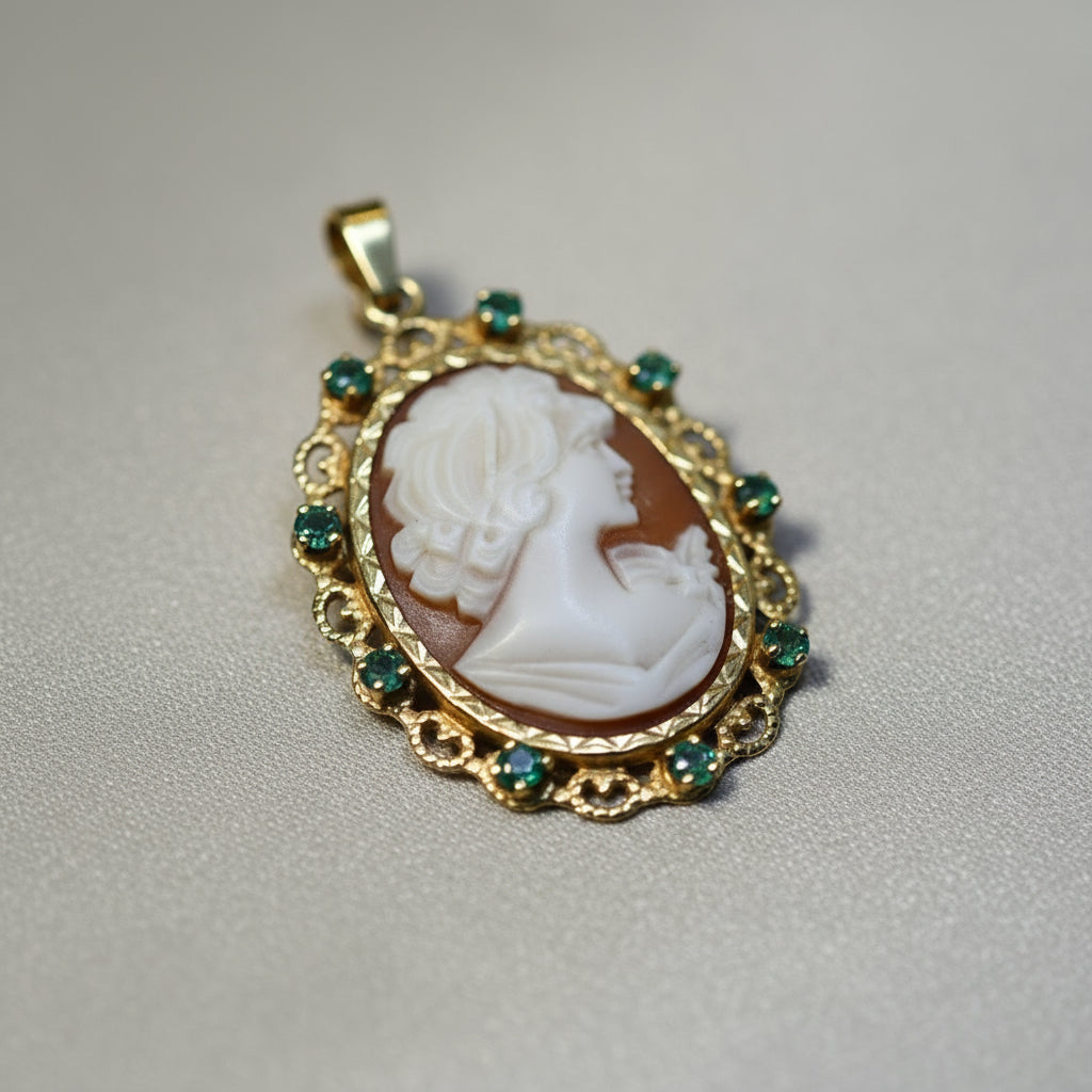 Médaille Pendentif Camée - Or Jaune et Émeraudes