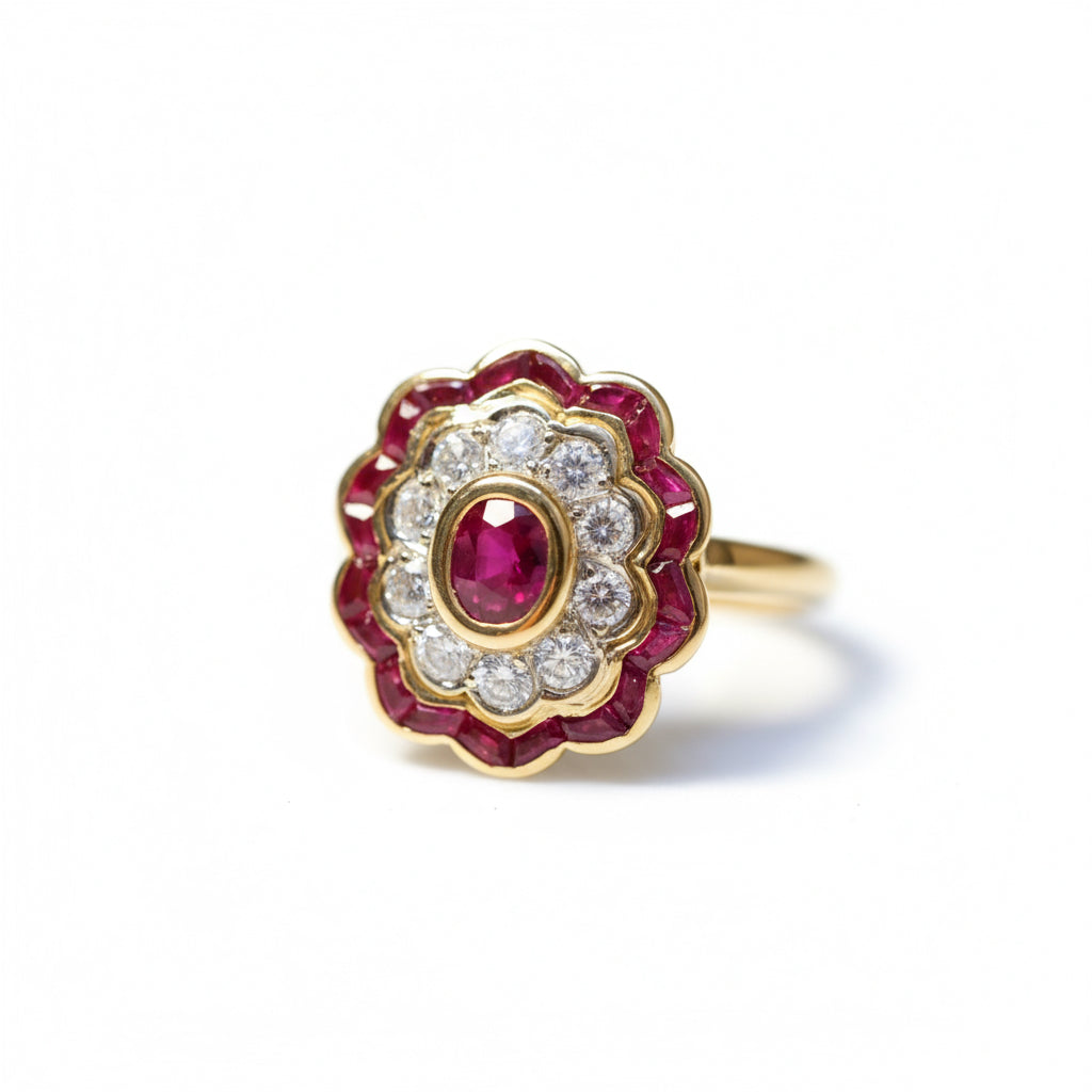 Bague Marguerite - Or Jaune - Diamants et Rubis