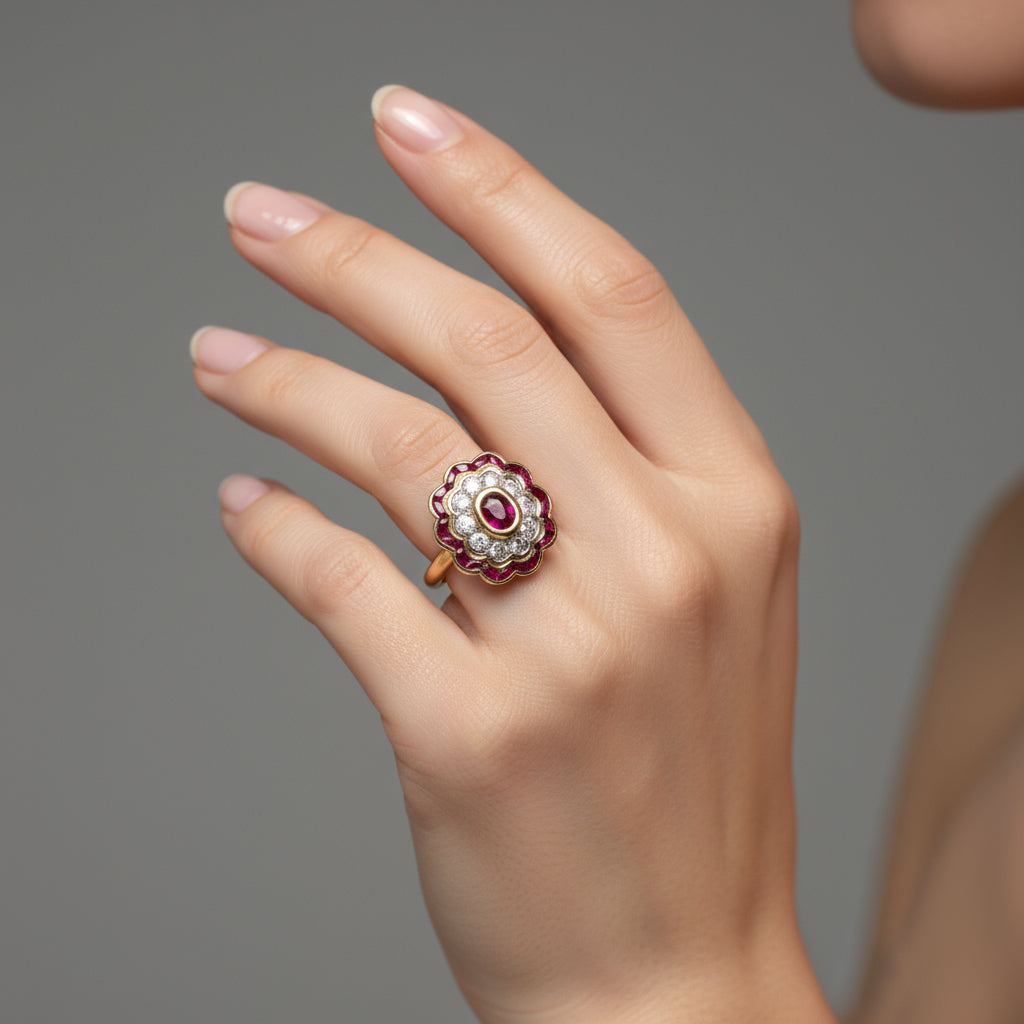 Bague Marguerite - Or Jaune - Diamants et Rubis