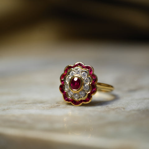 Bague « Marguerite » - Or Jaune - Diamants et Rubis