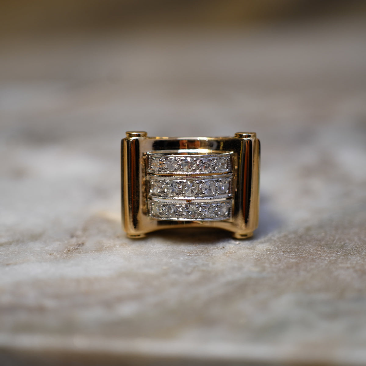 Bague Tank - Or Rosé et Diamants - Année 40