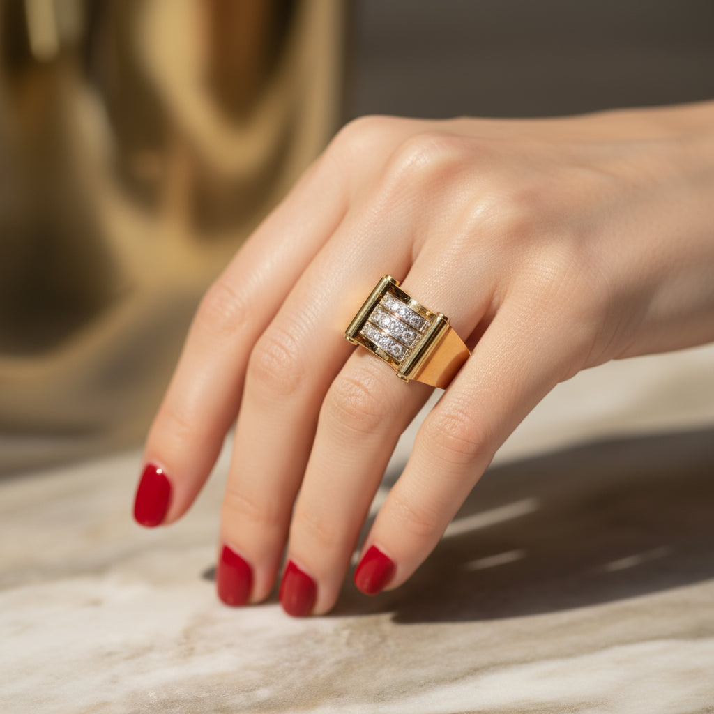 Bague Tank - Or Jaune et Diamants - Année 40