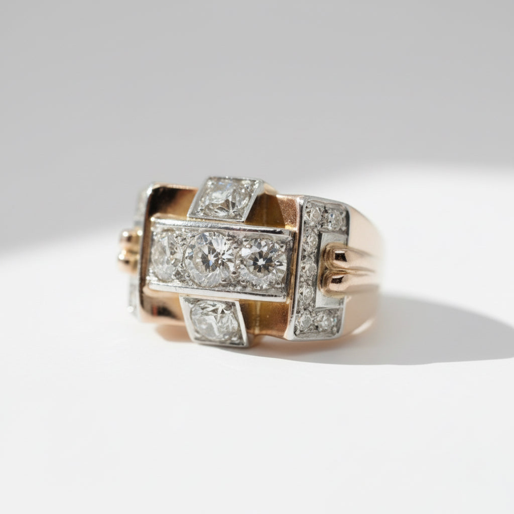 Tank Ring - Yellow Gold and Platinum - 2 Carat Diamonds