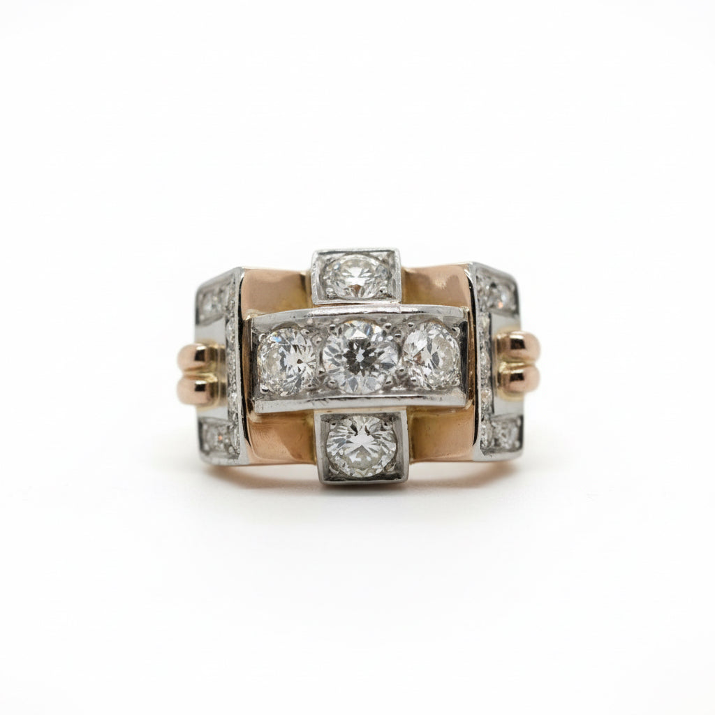 Tank Ring - Yellow Gold and Platinum - 2 Carat Diamonds