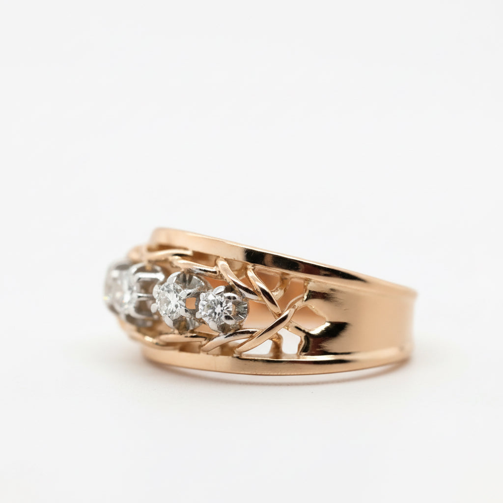 Bague Vintage Or Rose et Platine - Diamants