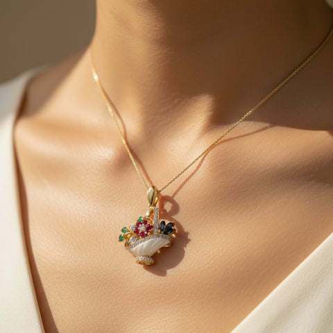 Vintage Basket Pendant in Yellow Gold - Rubies - Emeralds - Sapphires and Diamonds