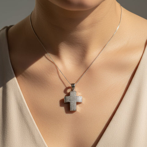 Pendentif Croix - Or Blanc et Diamants