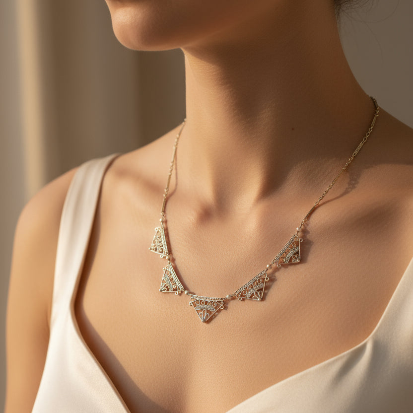 Collier Draperie Ancien - Or jaune et Perles