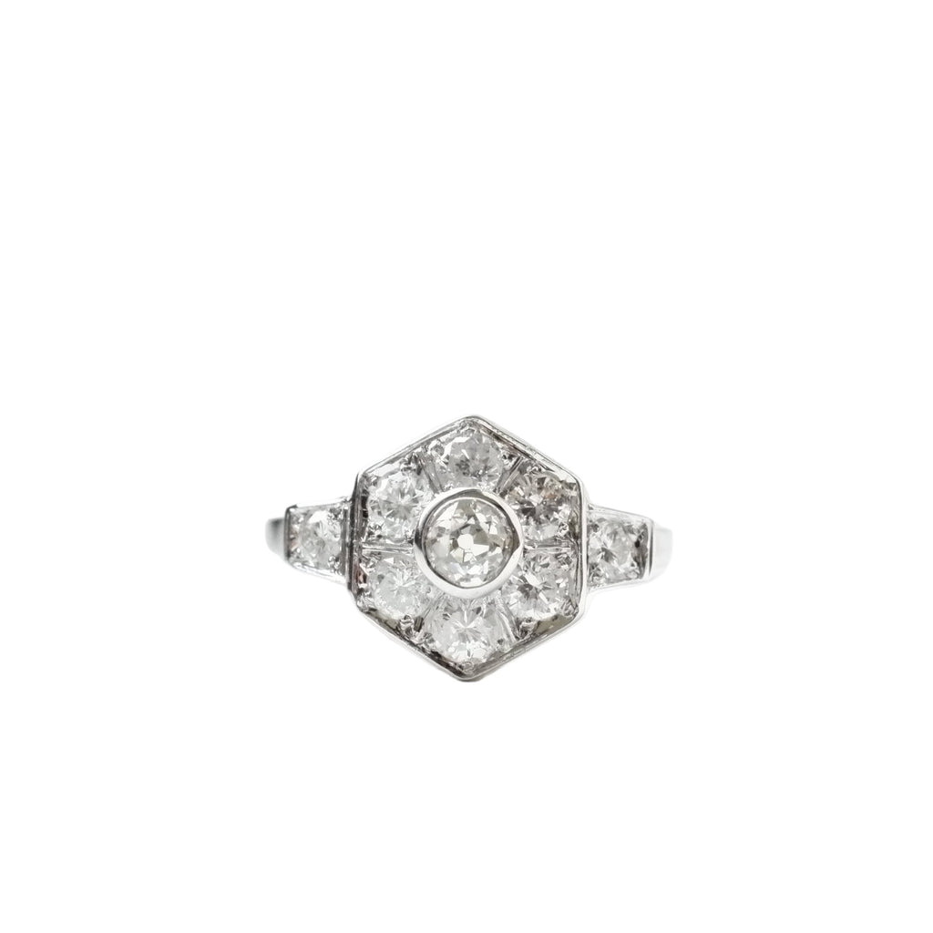 Art Déco - Bague Octogonale Or blanc - Diamant