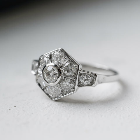 Art Déco - Bague Octogonale Or blanc - Diamant