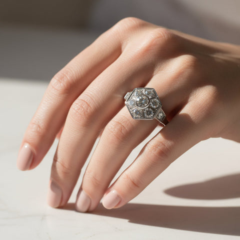 Art Déco - Bague Octogonale Or blanc - Diamant