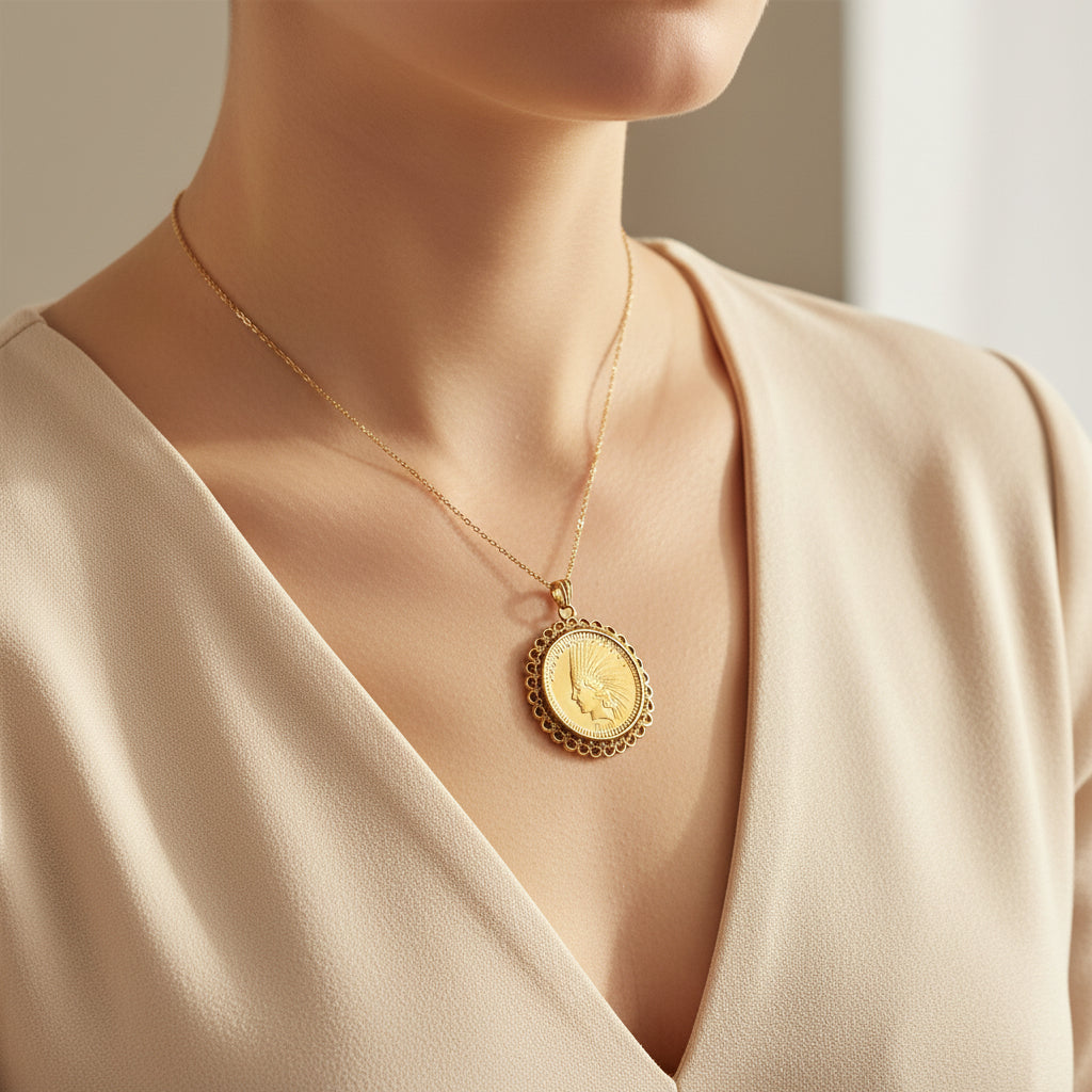 Pendentif Porte Pièce de 10 Dollars  Américain - Or Jaune - Indien - 1910