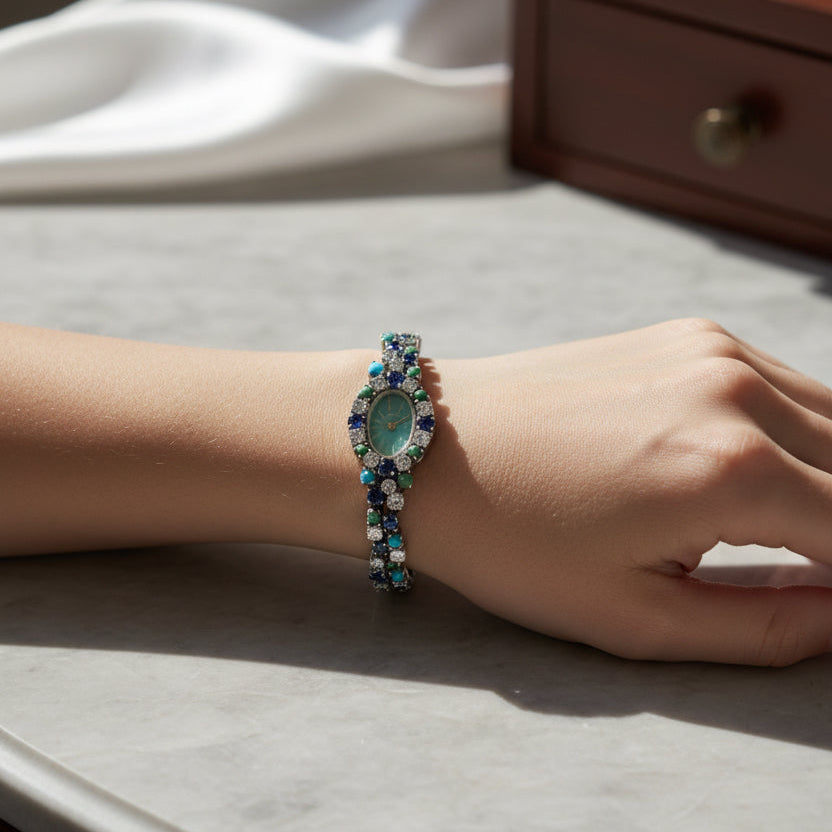 Uti - Montre Ovale - Or Blanc - Diamants, Saphirs et Turquoise