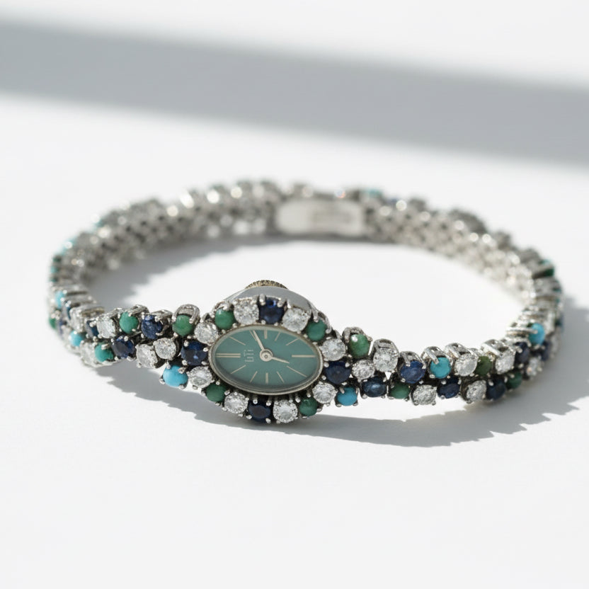 Uti - Montre Ovale - Or Blanc - Diamants, Saphirs et Turquoise