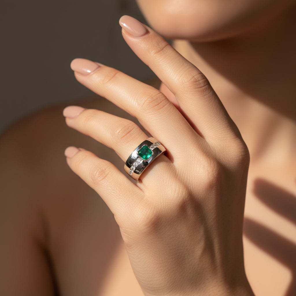 Bague Or Blanc - Emeraude et Diamants