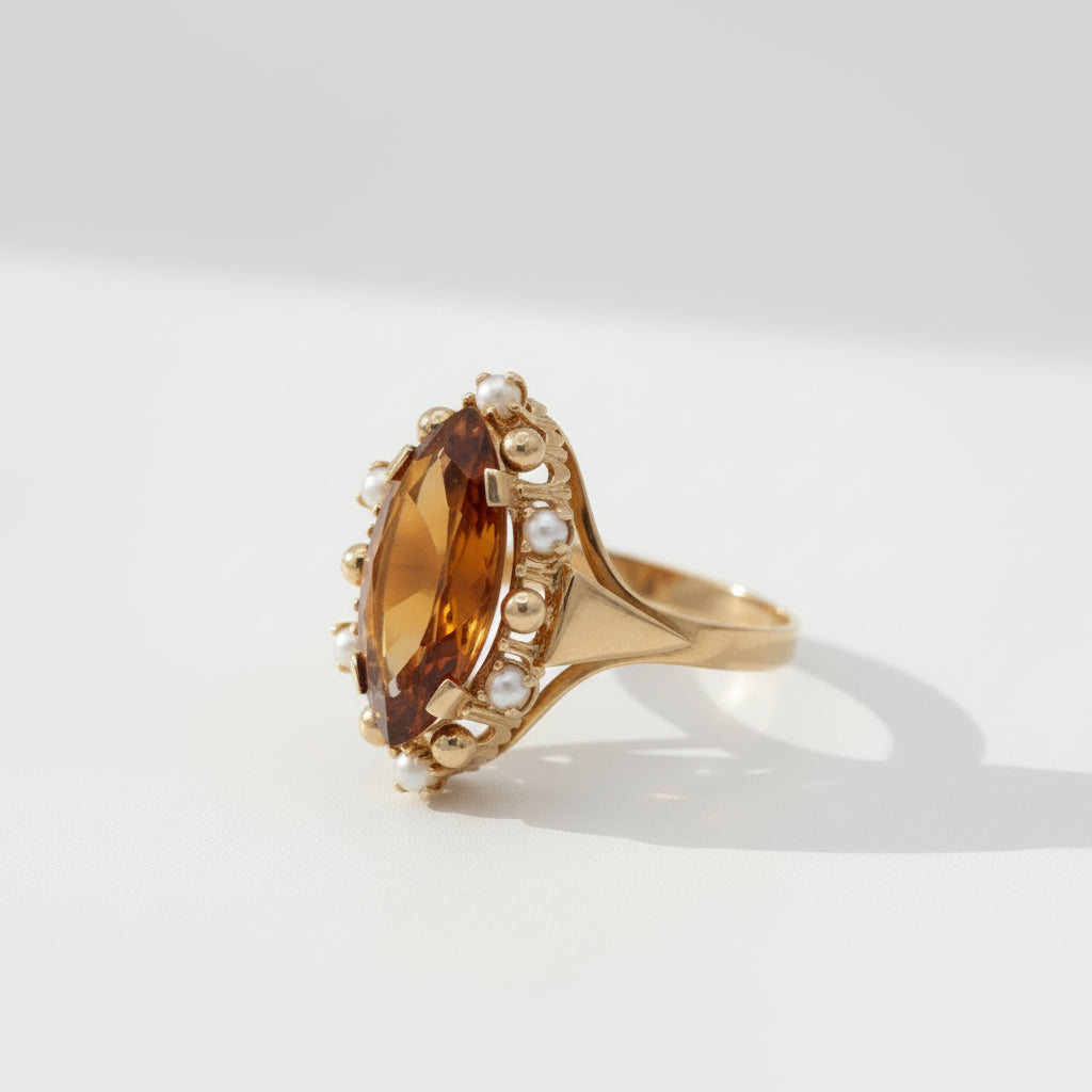 Bague Or jaune - Quartz fumé et perles de culture