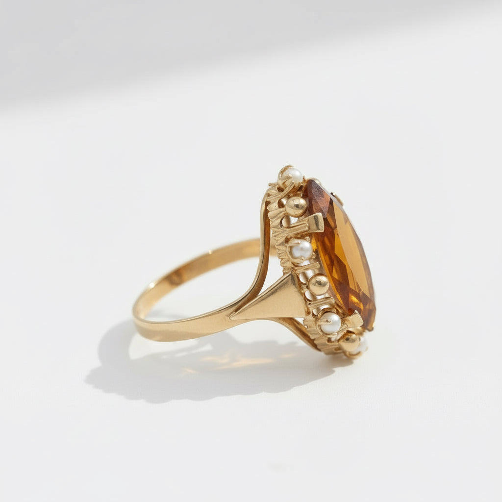 Bague Or jaune - Quartz fumé et perles de culture