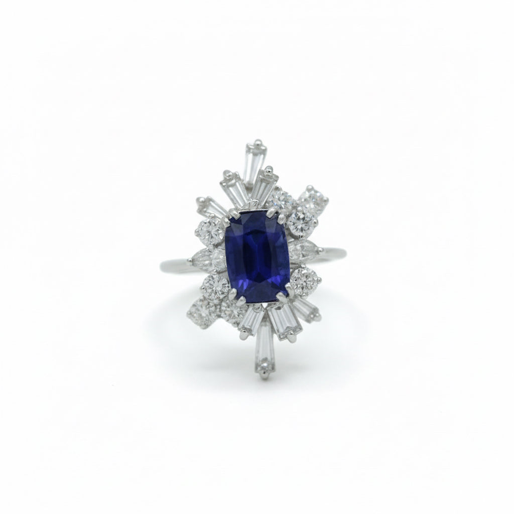 Bague Cocktail Or Blanc - Saphir et Diamants - Année 70