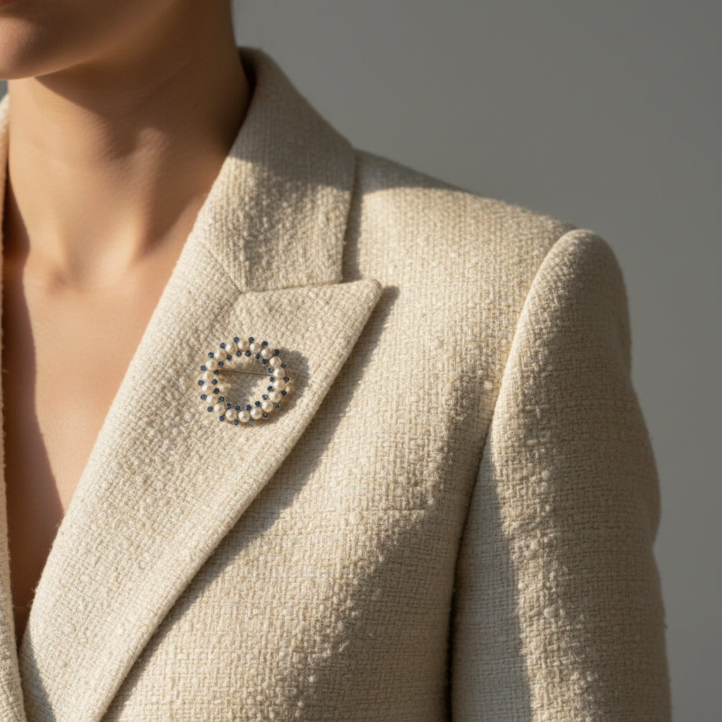 Broche Ronde - Or blanc - Saphirs et Perles de culture