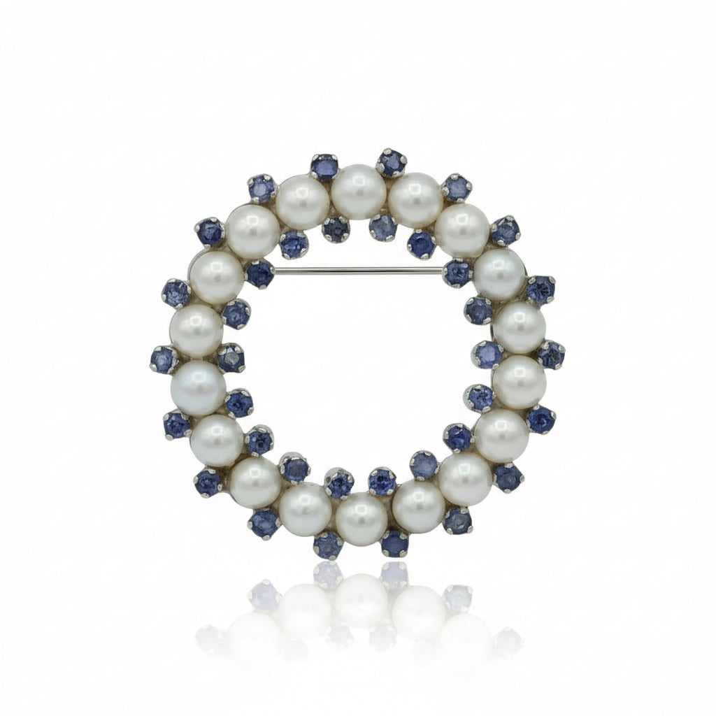 Broche Ronde - Or blanc - Saphirs et Perles de culture