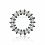 Broche Ronde - Or blanc - Saphirs et Perles de culture