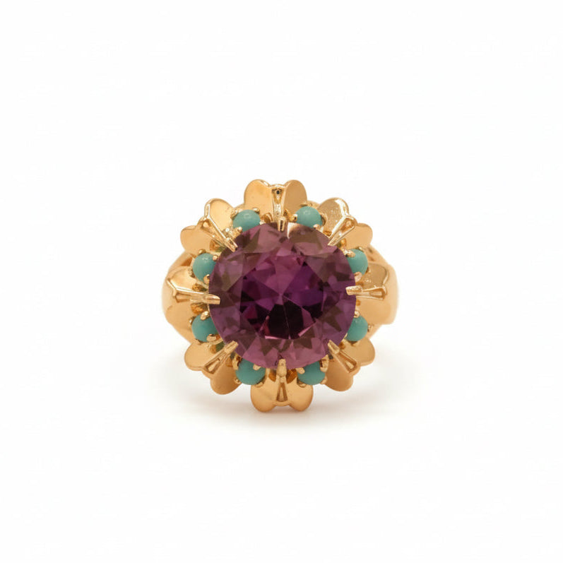 Bague Vintage Or Jaune - Améthyste et Turquoises
