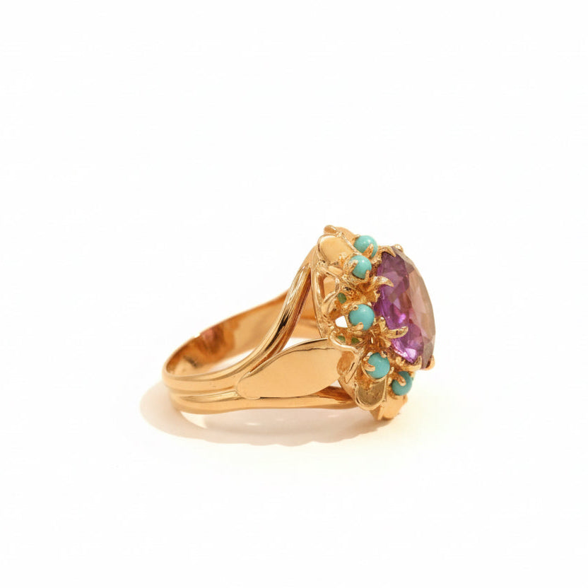 Bague Vintage Or Jaune - Améthyste et Turquoises