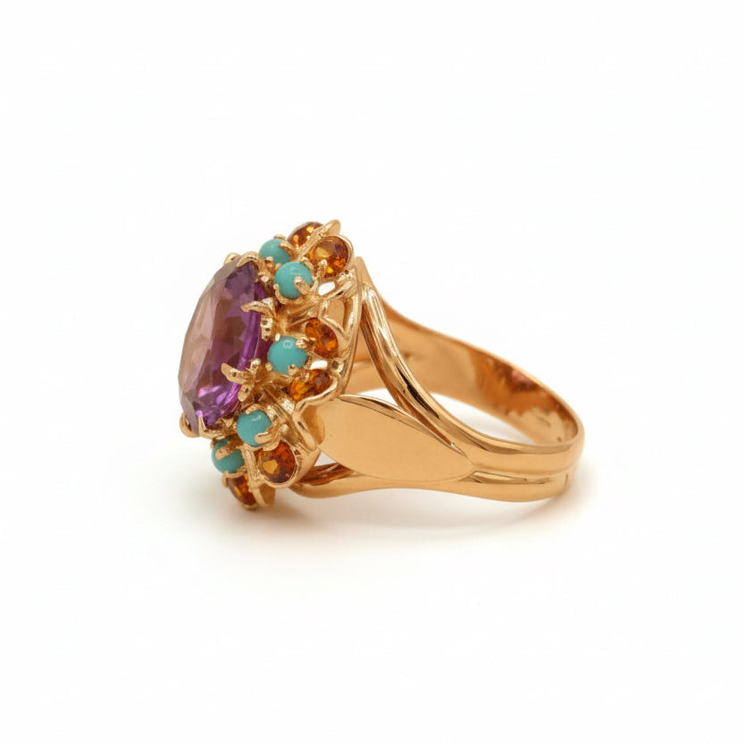 Vintage Yellow Gold Ring - Amethyst and Turquoise