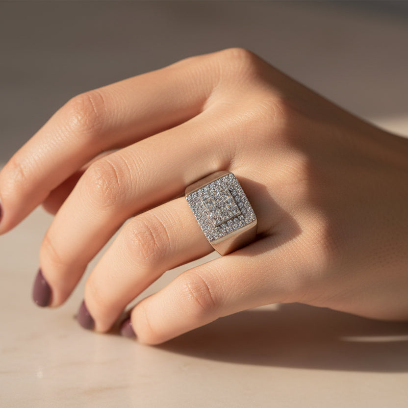 Bague Chevalière - Or Blanc avec pavage diamants