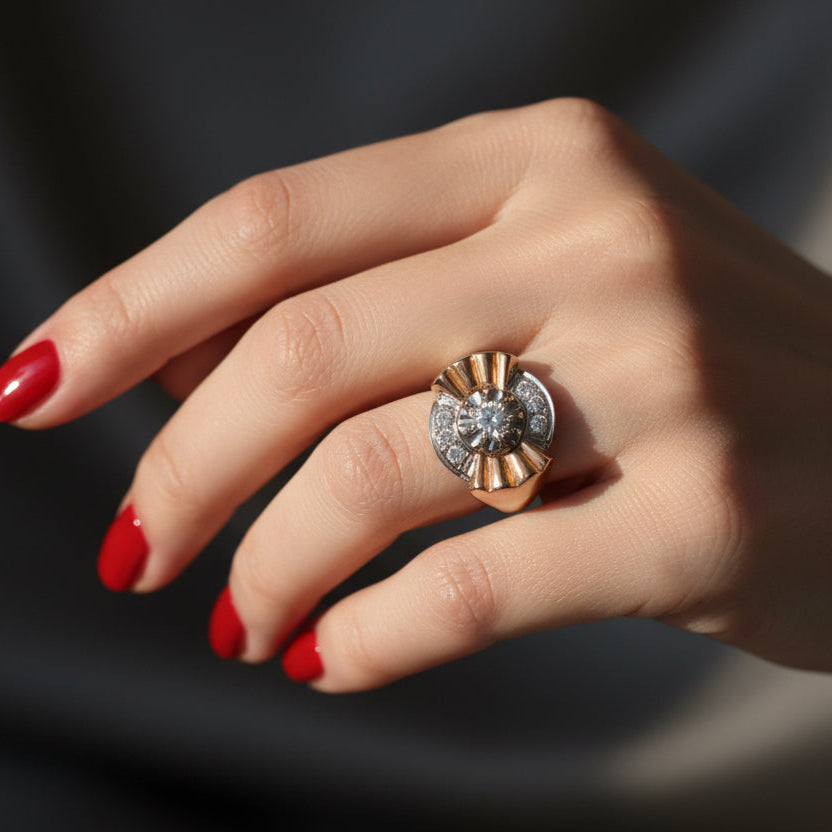 Bague Tank - Or Rose et Platine - Diamants 0,30 ct