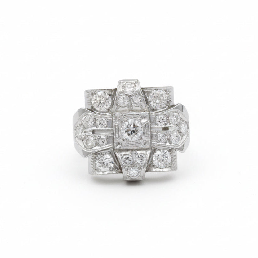 Art Déco - Bague or blanc - Diamants