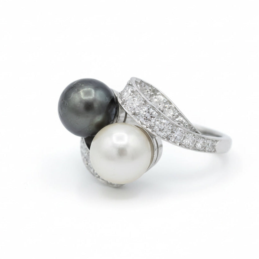 Bague Toi & Moi - Platine - Perles et Diamants