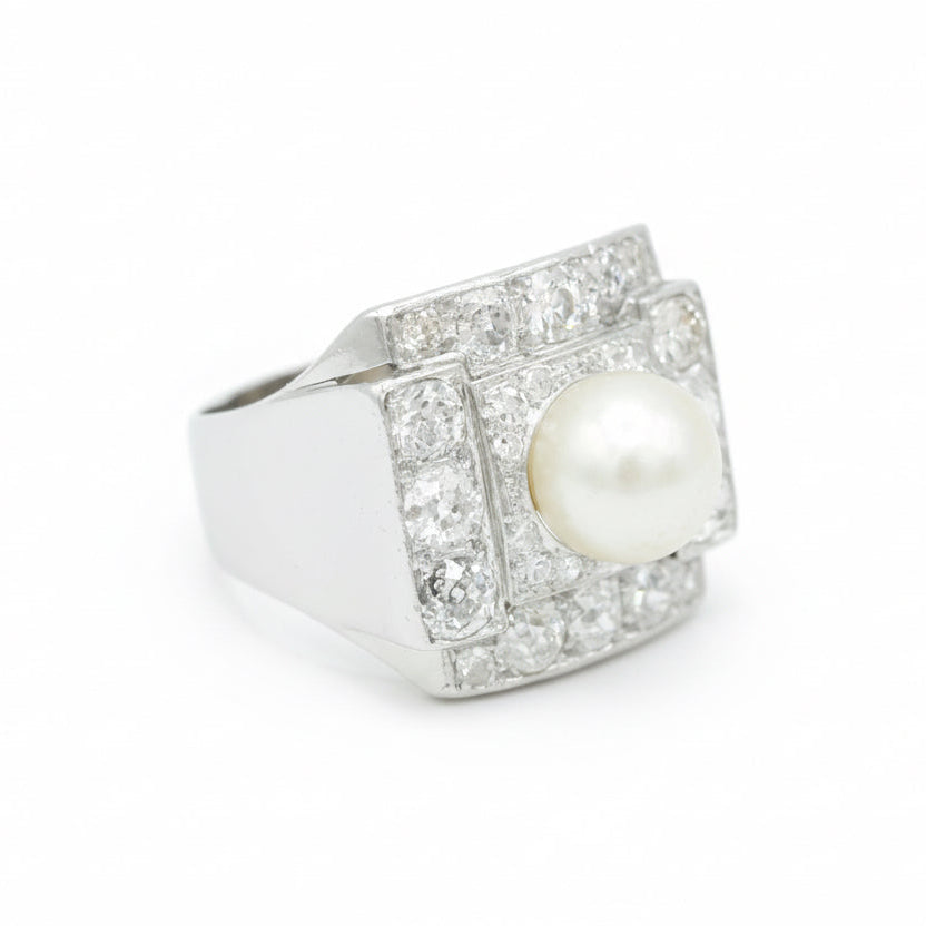 Art Déco - Bague Platine - Perle de Culture et Diamants 1,56 carats