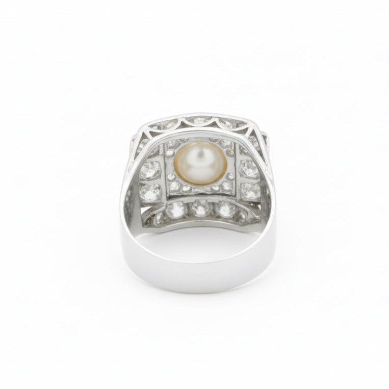 Art Déco - Bague Platine - Perle de Culture et Diamants 1,56 carats