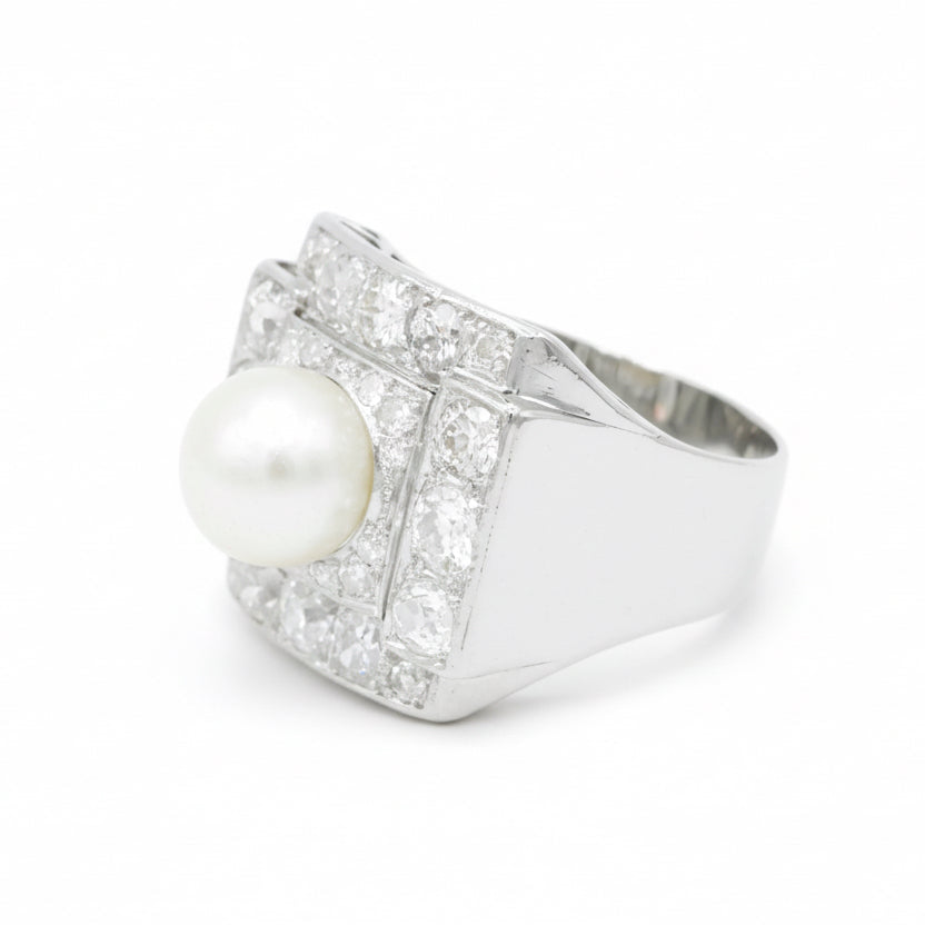 Art Déco - Bague Platine - Perle de Culture et Diamants 1,56 carats