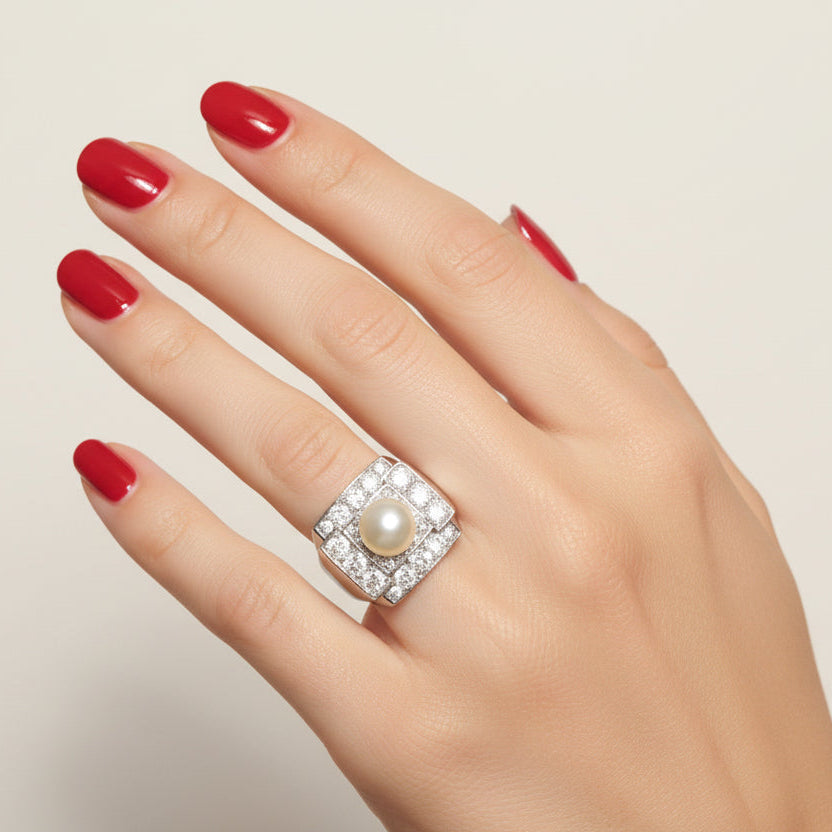 Art Déco - Bague Platine - Perle de Culture et Diamants 1,56 carats