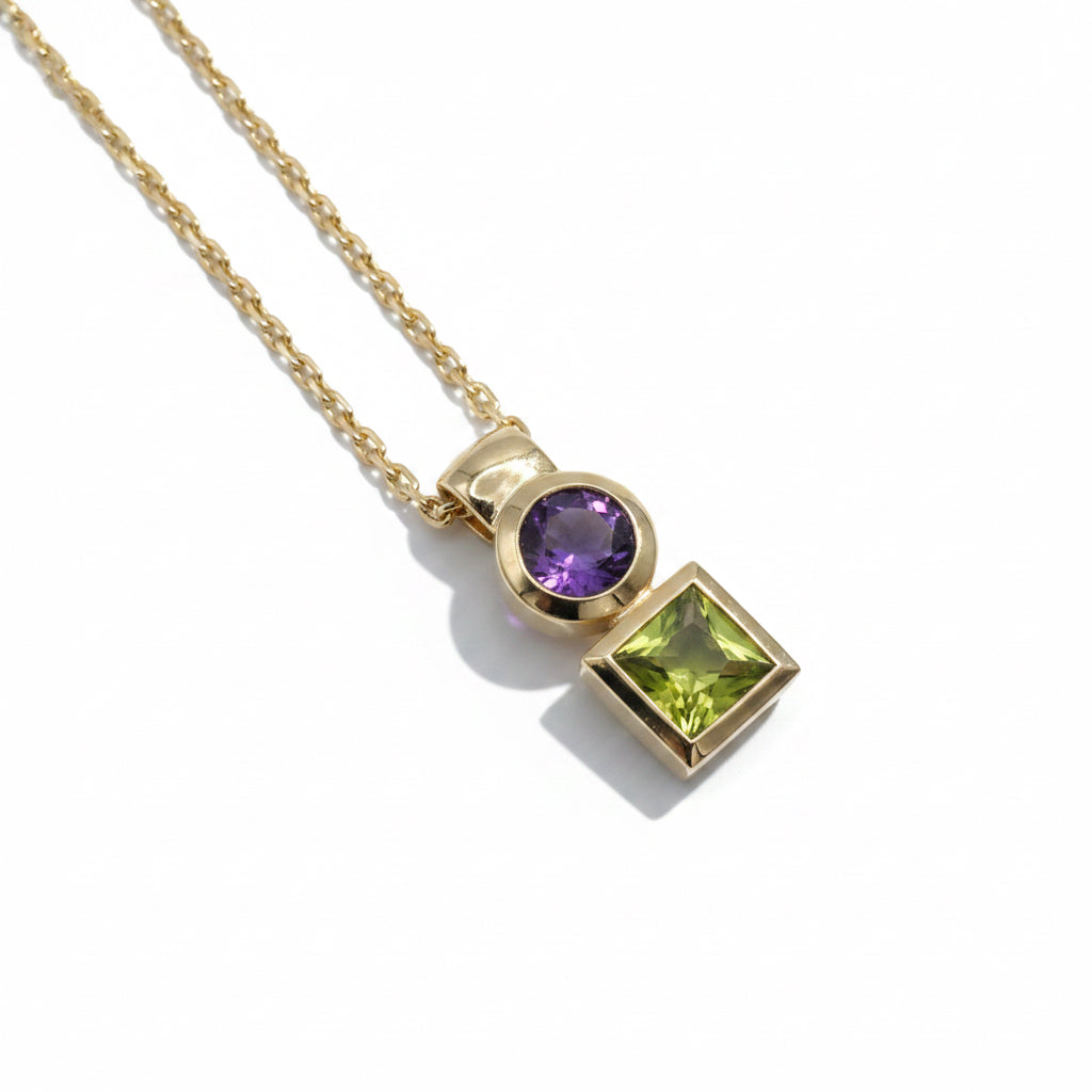 Collier Pendentif - Or Jaune - Améthyste et Péridot