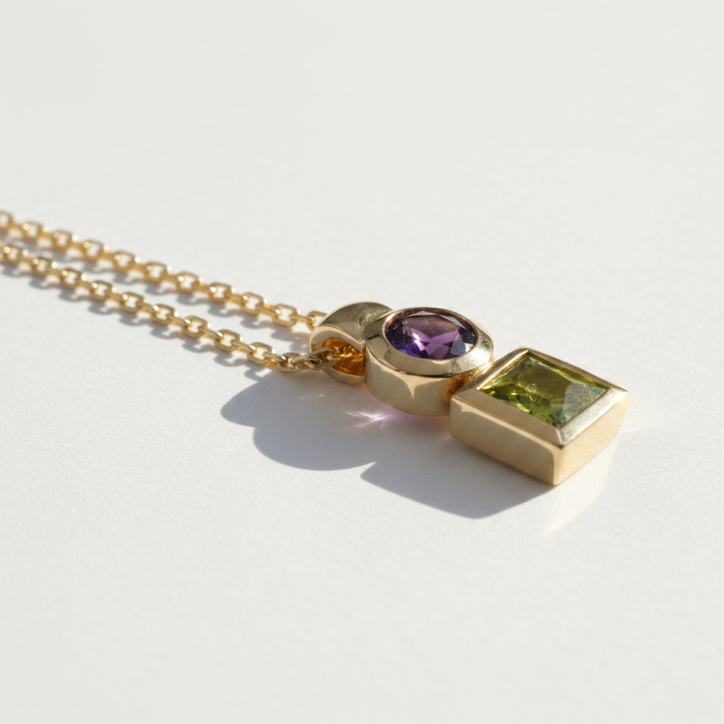 Collier Pendentif - Or Jaune - Améthyste et Péridot